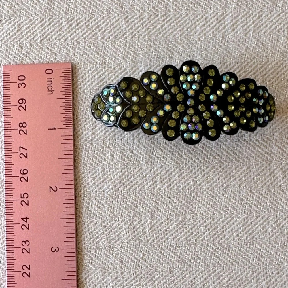 Olive Green Aurora Borealis Crystals set in Black Hematite Hair Barrette - Picture 7 of 7